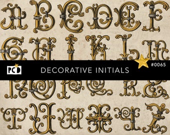 Può includere: Una collezione di iniziali decorative in stile vintage. Le lettere, dalla A alla Z, sono dorate con accenti neri, su uno sfondo beige. L'immagine include il testo "DECORATIVE INITIALS".