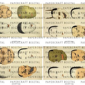 May include: A sheet of paper with 12 black and white illustrations of Japanese masks. The masks are drawn in a traditional style and feature various facial expressions.