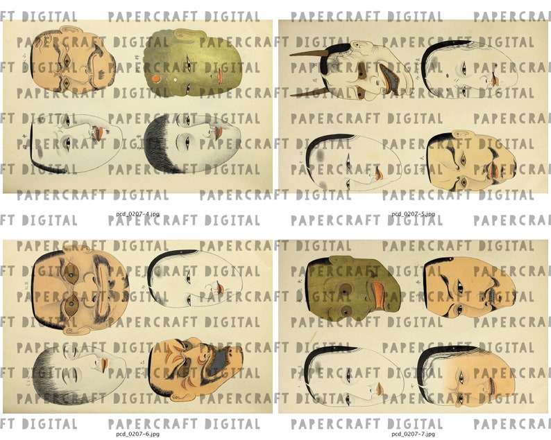 May include: A sheet of paper with 12 black and white illustrations of Japanese masks. The masks are drawn in a traditional style and feature various facial expressions.