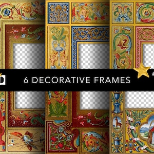 Puede incluir: Seis marcos decorativos con diseños ornamentados y coloridos. Los marcos presentan detalles dorados, rojos, azules y verdes, con motivos florales y figuras clásicas. El texto "6 DECORATIVE FRAMES" se muestra en una pancarta negra.