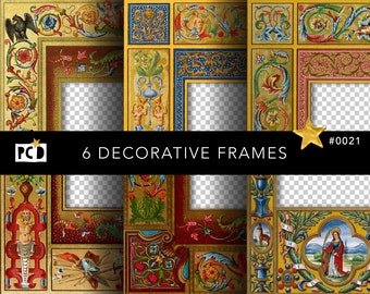 May include: Six decorative frames with ornate, colorful designs. The frames feature gold, red, blue, and green accents, with floral and classical figures. The text "6 DECORATIVE FRAMES" is displayed on a black banner.