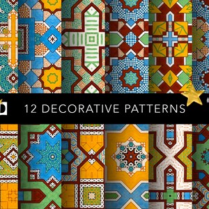 May include: Twelve decorative patterns featuring geometric designs in shades of blue, green, yellow, red, and white. The patterns are arranged in a grid format.