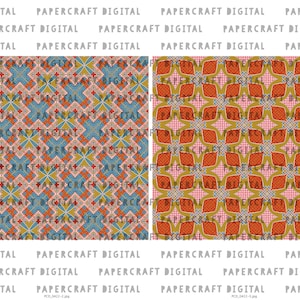 K&ouml;nnte beinhalten: Zwei digitale Papierbastel-Designs mit geometrischen Mustern. Das erste Design ist ein rot-blau-goldenes Muster mit einem gitterartigen Design. Das zweite Design ist ein rot-gold-wei&szlig;es Muster mit einem sternf&ouml;rmigen Design.