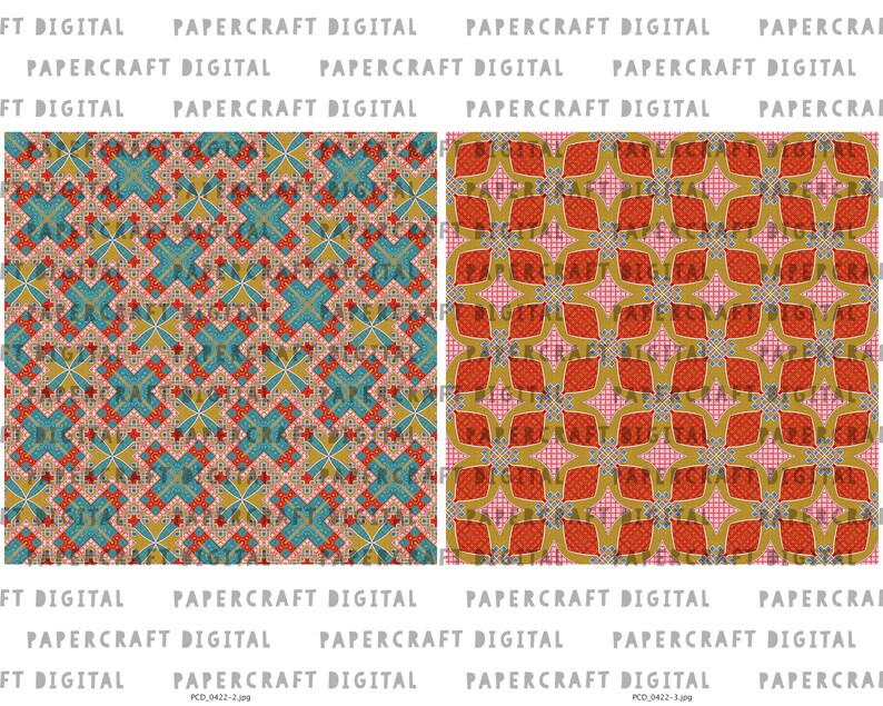 K&ouml;nnte beinhalten: Zwei digitale Papierbastel-Designs mit geometrischen Mustern. Das erste Design ist ein rot-blau-goldenes Muster mit einem gitterartigen Design. Das zweite Design ist ein rot-gold-wei&szlig;es Muster mit einem sternf&ouml;rmigen Design.