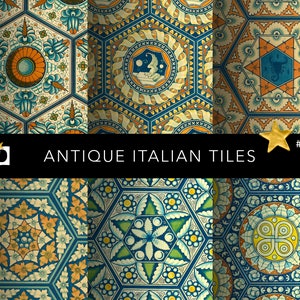 Könnte beinhalten: Antike italienische Fliesen mit komplizierten geometrischen Mustern in Blautönen, Gelb, Grün und Orange. Die Fliesen zeigen florale Motive, Sterne und andere dekorative Elemente. Der Text "Antique Italian Tiles" und "#0318" ist im Bild sichtbar.