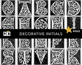 Medieval Illuminated Initials PNG | 20+ Black White Decorative Font Clipart | Junk Journal Fussy Cuts | Historical Monogram Asset