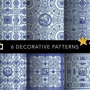 May include: Six decorative patterns in blue and white, featuring intricate designs with geometric shapes and floral motifs. The patterns are arranged in a grid format, with each pattern occupying a square space. The patterns are labeled "6 DECORATIVE PATTERNS" and "#0253".