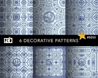 6 Classical Fresco Patterns | Seamless Roman Ceiling Digital Paper | 300 DPI Endpapers | Commercial Use Instant Download