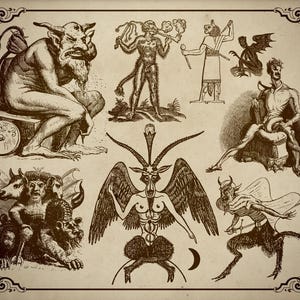 May include: A vintage illustration featuring various demonic figures, including a horned creature with wings, a three-headed beast, and a figure with a long tail and horns. The illustrations are in a sepia tone and have a dark and mysterious feel.