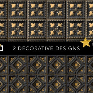 May include: Two decorative designs featuring a repeating pattern of black and gold squares with intricate details. The designs are perfect for adding a touch of elegance to any space.