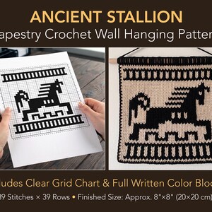 May include: A tapestry crochet wall hanging pattern featuring a black horse design. The pattern includes a grid chart and color blocks. Finished size is approximately 8"x8". The text "ANCIENT STALLION" is at the top.