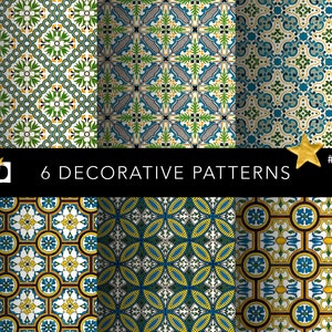 Puede incluir: Seis patrones decorativos con intrincados diseños de azulejos en tonos azules, verdes, amarillos y blancos. Los patrones están dispuestos en una cuadrícula, con cada patrón separado por un borde negro. El texto "6 PATRONES DECORATIVOS" se muestra en letras blancas sobre un fondo negro.