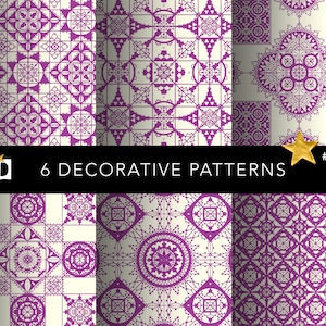 May include: Six decorative patterns featuring intricate geometric designs in shades of purple and white. The patterns are arranged in a grid format, with each pattern repeated across the image. The text "6 DECORATIVE PATTERNS" is displayed at the bottom of the image.