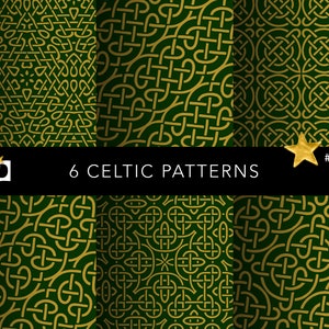 Może przedstawiać: Sześć celtyckich wzorów węzłów w kolorze złotym na zielonym tle. Wzory są skomplikowane i szczegółowe, idealnie nadają się do różnych prac ręcznych i projektów.
