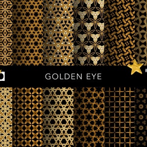 May include: A set of 9 seamless patterns featuring geometric designs in gold and black. The patterns are arranged in a grid with the text "GOLDEN EYE #0009" at the top.