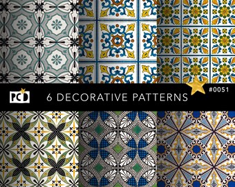 6 Azulejos Tile Patterns | Seamless Mediterranean Digital Paper | 300 DPI Endpapers | Commercial Use Instant Download