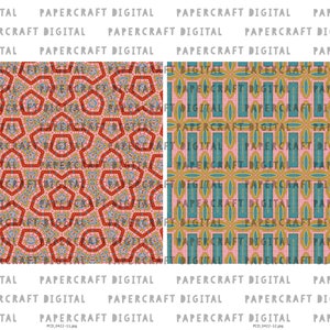 K&ouml;nnte beinhalten: Zwei digitale Papiermuster mit geometrischen Designs. Das erste Muster zeigt ein rotes, wei&szlig;es und blaues geometrisches Design. Das zweite Muster zeigt ein blaues, gelbes und wei&szlig;es geometrisches Design. Der Text "FT DIGITAL" und "PAPERCRAFT DIGITAL" wird oben und unten im Bild wiederholt.