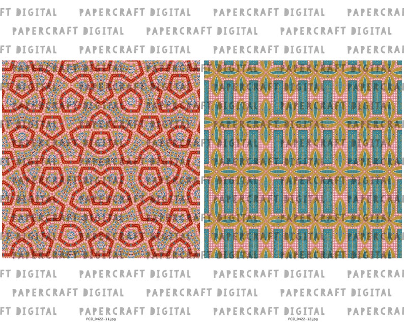 K&ouml;nnte beinhalten: Zwei digitale Papiermuster mit geometrischen Designs. Das erste Muster zeigt ein rotes, wei&szlig;es und blaues geometrisches Design. Das zweite Muster zeigt ein blaues, gelbes und wei&szlig;es geometrisches Design. Der Text "FT DIGITAL" und "PAPERCRAFT DIGITAL" wird oben und unten im Bild wiederholt.