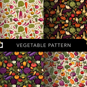 May include: Four seamless patterns featuring a variety of colorful vegetables, including tomatoes, peppers, onions, eggplant, and pumpkins. The patterns are arranged in a grid, with a black banner at the bottom that reads "VEGETABLE PATTERN".