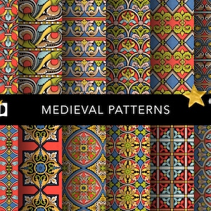 May include: A set of eight seamless medieval patterns in red, blue, yellow, and green. The patterns feature intricate geometric designs and floral motifs. The patterns are labeled "Medieval Patterns #0375".