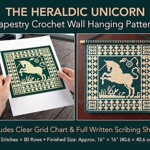 May include: A tapestry crochet wall hanging pattern featuring a heraldic unicorn design. The pattern includes a clear grid chart and full written instructions. The finished size is approximately 16 inches by 16 inches.