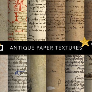 May include: Six antique paper textures with handwritten text in black and red ink. The paper is aged and has a yellowed, worn appearance. The text is in a variety of fonts and styles. #0198