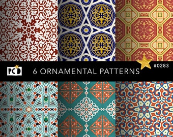 May include: Six ornamental patterns featuring intricate geometric designs in a variety of colors, including red, blue, green, gold, and white. The patterns are arranged in a grid format, with each pattern occupying a separate square.