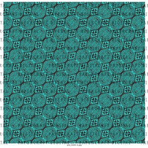 May include: A seamless pattern featuring a repeating design of turquoise blue concentric circles and black squares on a dark gray background.