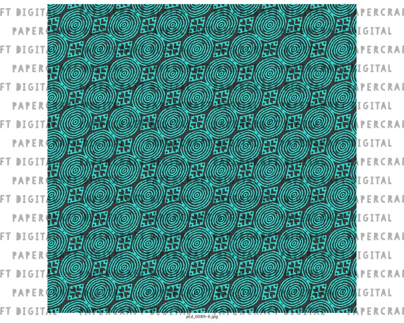 May include: A seamless pattern featuring a repeating design of turquoise blue concentric circles and black squares on a dark gray background.