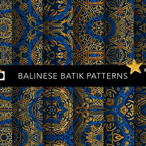Può includere: Un set di sei motivi senza cuciture che presentano intricati disegni geometrici in oro e blu. I motivi sono ispirati al batik balinese, una forma d'arte tessile tradizionale indonesiana. I motivi sono perfetti per l'uso in una varietà di progetti di design, come tessuti, carta da parati e imballaggi.