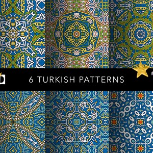 May include: Six Turkish patterns in a variety of designs. The patterns feature intricate geometric shapes in shades of blue, yellow, green, and white. The text "6 TURKISH PATTERNS" is displayed on a black banner.
