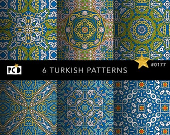 Turkish Patterns Digital Paper Pack | Iznik Tile Seamless Texture | Ottoman Ceramic Scrapbook Print | Blue Green Background