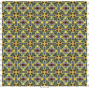 Puede incluir: Un patr&oacute;n sin costuras de formas geom&eacute;tricas repetidas en tonos de amarillo, verde, azul, rojo y blanco. El patr&oacute;n recuerda los dise&ntilde;os tradicionales de azulejos.
