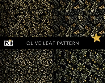 Black & Gold Olive Leaf Pattern | Seamless Vintage Paper (12x12, 300 DPI) (Digital Download)