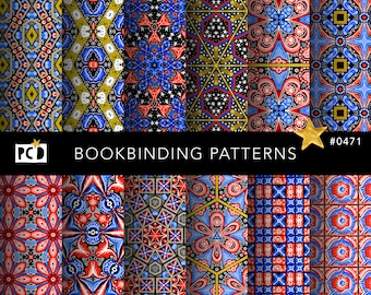 Könnte beinhalten: Ein Satz von acht Buchbinde-Mustern mit geometrischen Designs in Rot, Blau, Gold und Schwarz. Die Muster sind in einem Raster angeordnet, mit dem Text "BOOKBINDING PATTERNS" und "#0471" oben.