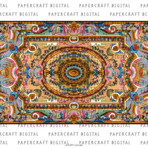May include: A vintage illustration of a decorative ceiling with intricate gold, blue and pink floral patterns. The design features a central medallion with a gold and blue circular pattern.