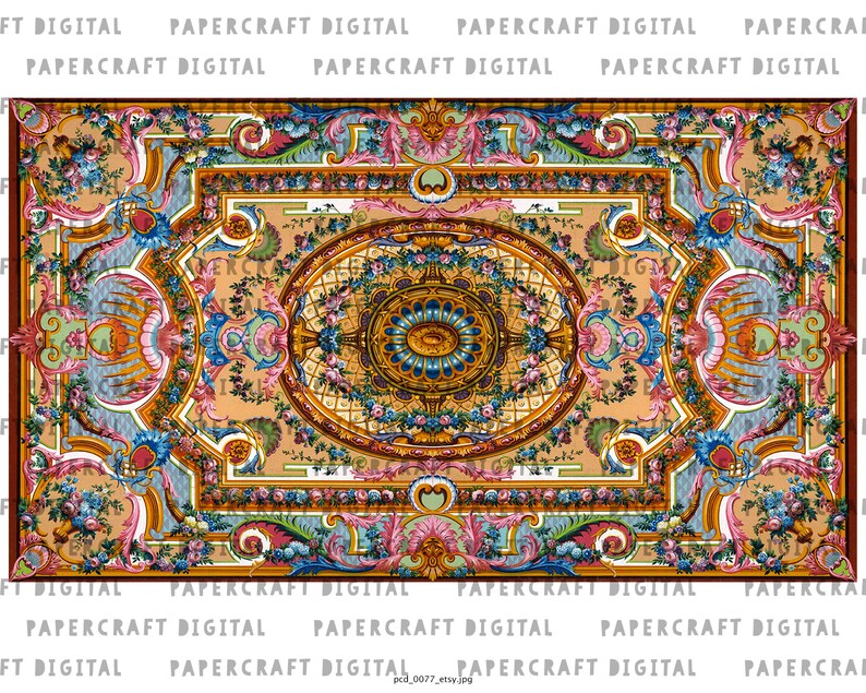 May include: A vintage illustration of a decorative ceiling with intricate gold, blue and pink floral patterns. The design features a central medallion with a gold and blue circular pattern.