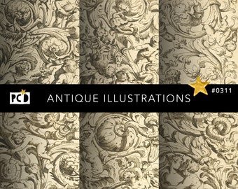 May include: A black and white antique illustration of a repeating pattern of ornate scrolls, flowers, and cherubs. The illustration is on a cream background. The text "Antique Illustrations #0311" is at the bottom of the image.