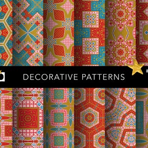 Set of 12 seamless Iznik Tile and Moorish Patterns in red, gold, and blue, high-resolution digital paper for commercial use.