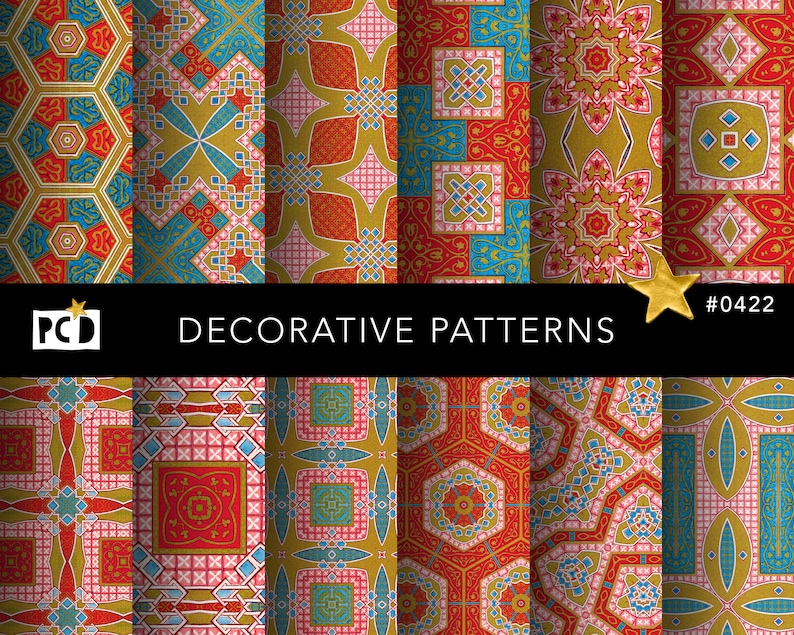 Set of 12 seamless Iznik Tile and Moorish Patterns in red, gold, and blue, high-resolution digital paper for commercial use.
