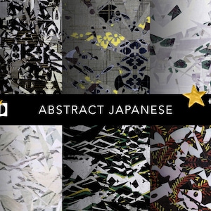 A set of six decorative prints featuring fragmented, abstract Japanese-inspired patterns resembling shattered glass or distressed collage in black, white, and muted colors.