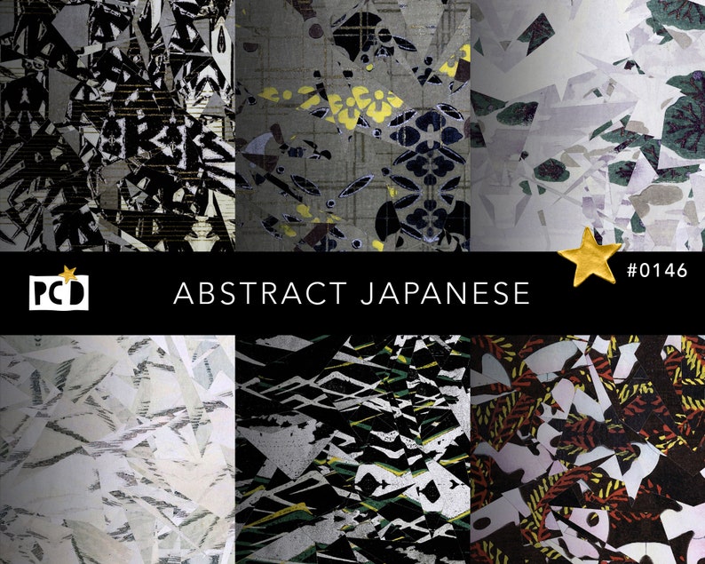 A set of six decorative prints featuring fragmented, abstract Japanese-inspired patterns resembling shattered glass or distressed collage in black, white, and muted colors.