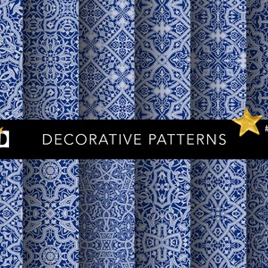 A set of twelve decorative prints featuring intricate geometric and scrolling ornamental motifs in white and various shades of blue, inspired by Moorish tiling.