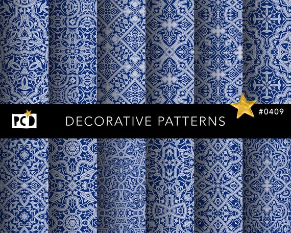 Blue White Moorish Ornamental Paper | Azulejo Tile 300 DPI Print | Vintage Papers & Luxury Decor