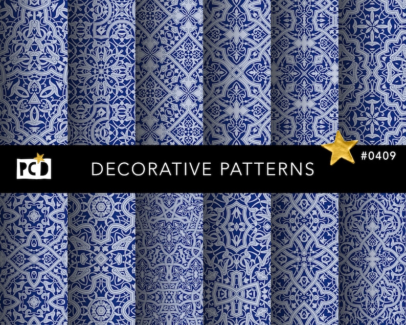 A set of twelve decorative prints featuring intricate geometric and scrolling ornamental motifs in white and various shades of blue, inspired by Moorish tiling.