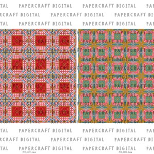 K&ouml;nnte beinhalten: Zwei digitale Papierbastel-Designs mit sich wiederholenden Mustern aus Quadraten und Rechtecken. Das erste Design hat ein rotes, blaues und goldenes Farbschema. Das zweite Design hat ein gr&uuml;nes, blaues und goldenes Farbschema.