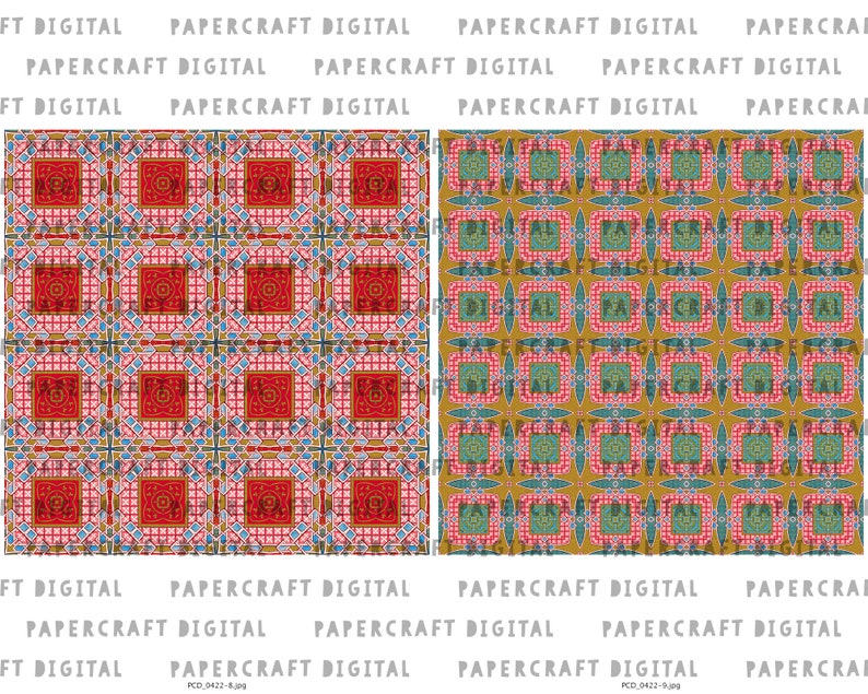 K&ouml;nnte beinhalten: Zwei digitale Papierbastel-Designs mit sich wiederholenden Mustern aus Quadraten und Rechtecken. Das erste Design hat ein rotes, blaues und goldenes Farbschema. Das zweite Design hat ein gr&uuml;nes, blaues und goldenes Farbschema.