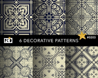 Medieval Tile Patterns | Navy Blue Gothic Revival Digital Paper | Seamless Encaustic Endpapers | Dollhouse Flooring | Commercial POD Asset
