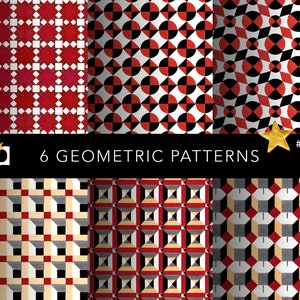 May include: Six geometric patterns in red, black, white, and gold. The patterns are arranged in a grid with a black border and the text "6 GEOMETRIC PATTERNS" in white.