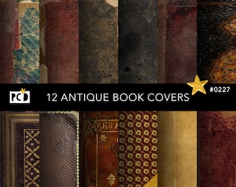 12 Antique Book Covers Digital Pack | Grunge Journal Spine Ephemera | Vintage Leather Texture Scrapbook Print | Distressed Paper